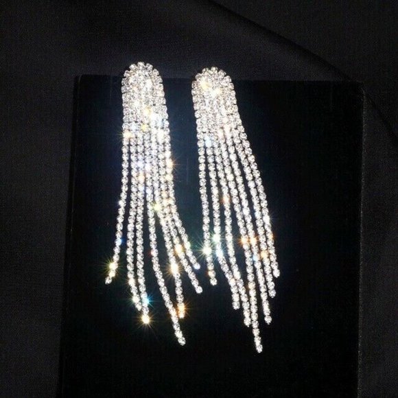 Silver Tassel Rhinestone Dangle Drop Earrings Prom Dress Bridesmaid Earrings - Picture 4 of 6